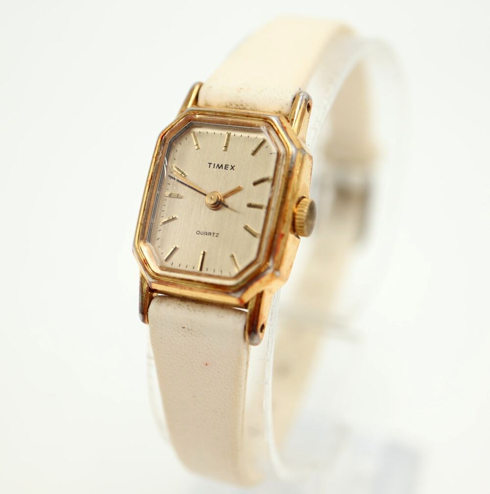 Vintage Timex 18mm Gold Tone Tank Watch Petite White Faux Leather w New Battery